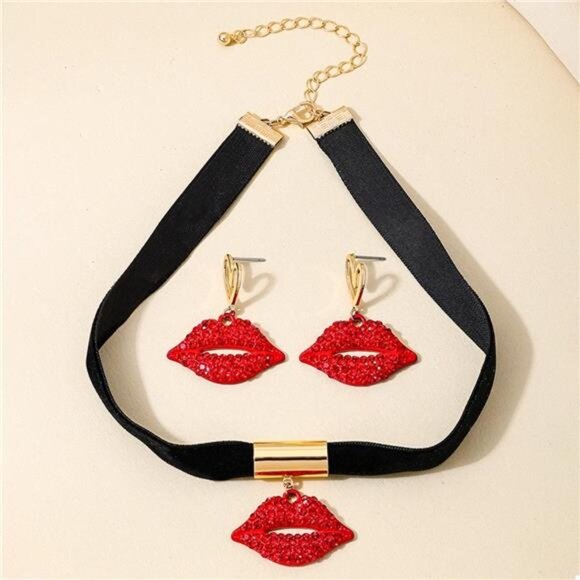 Rhinestone Lip Earrings and Necklace Jewelry Set - Picture 4 of 11